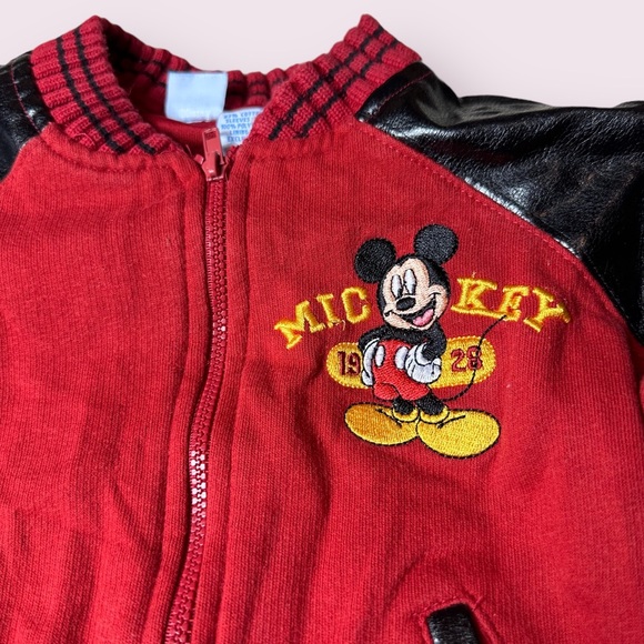 Baby Wonderful World Of Disney Faux Leather Sleeve Mickey Mouse Bomber Jacket - Picture 3 of 11